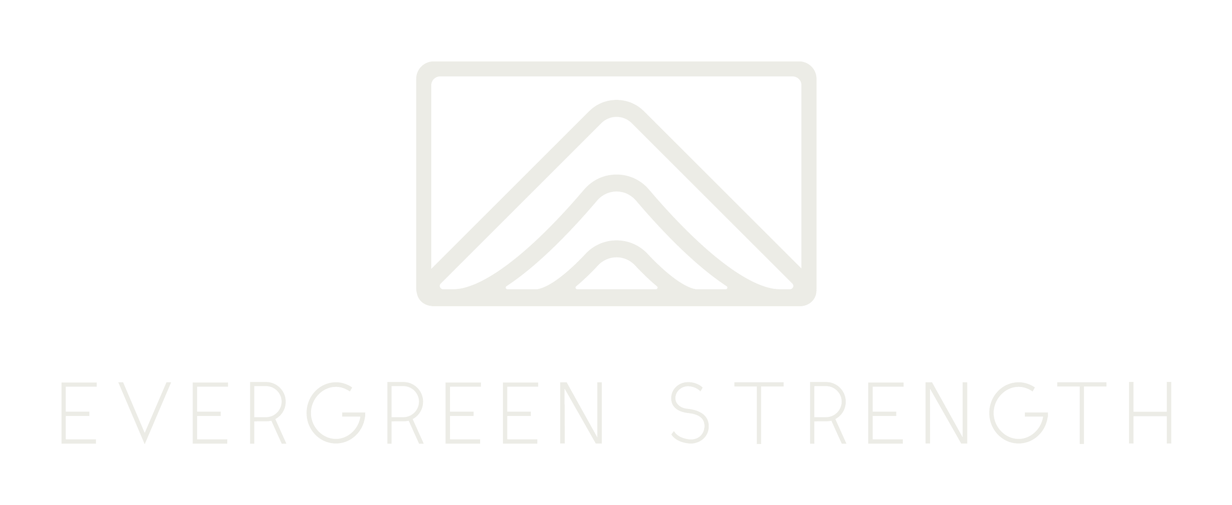 LOGO with mountain peak line art symbol and text 'EVERGREEN STRENGTH' on black background.