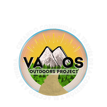 Logo for VA MOS Outdoors Project featuring mountains, a trail, trees, and a sunrise or sunset background.
