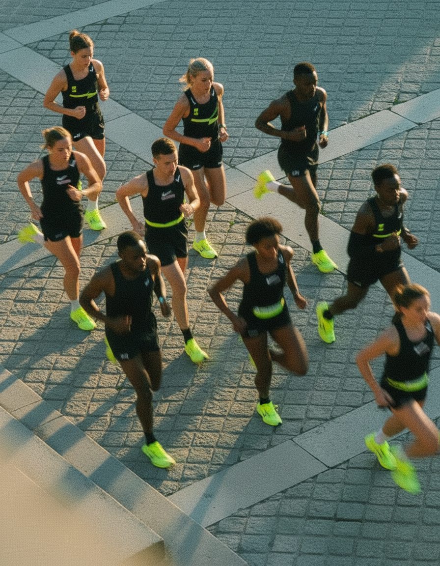A group of seven runners in black athletic gear with bright yellow shoes, running outdoors on a paved surface, captured from an aerial perspective.