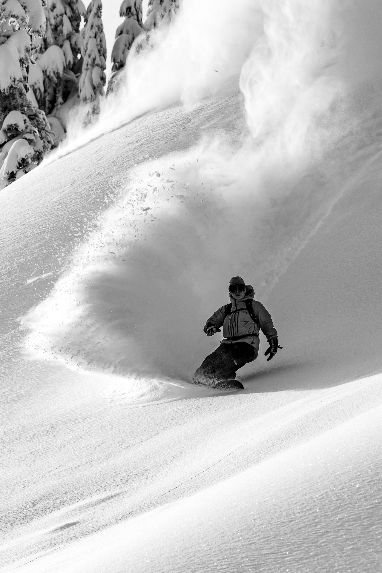 A person snowboarding down a snowy mountain slope amidst powder snow, with snow-covered trees in the background.