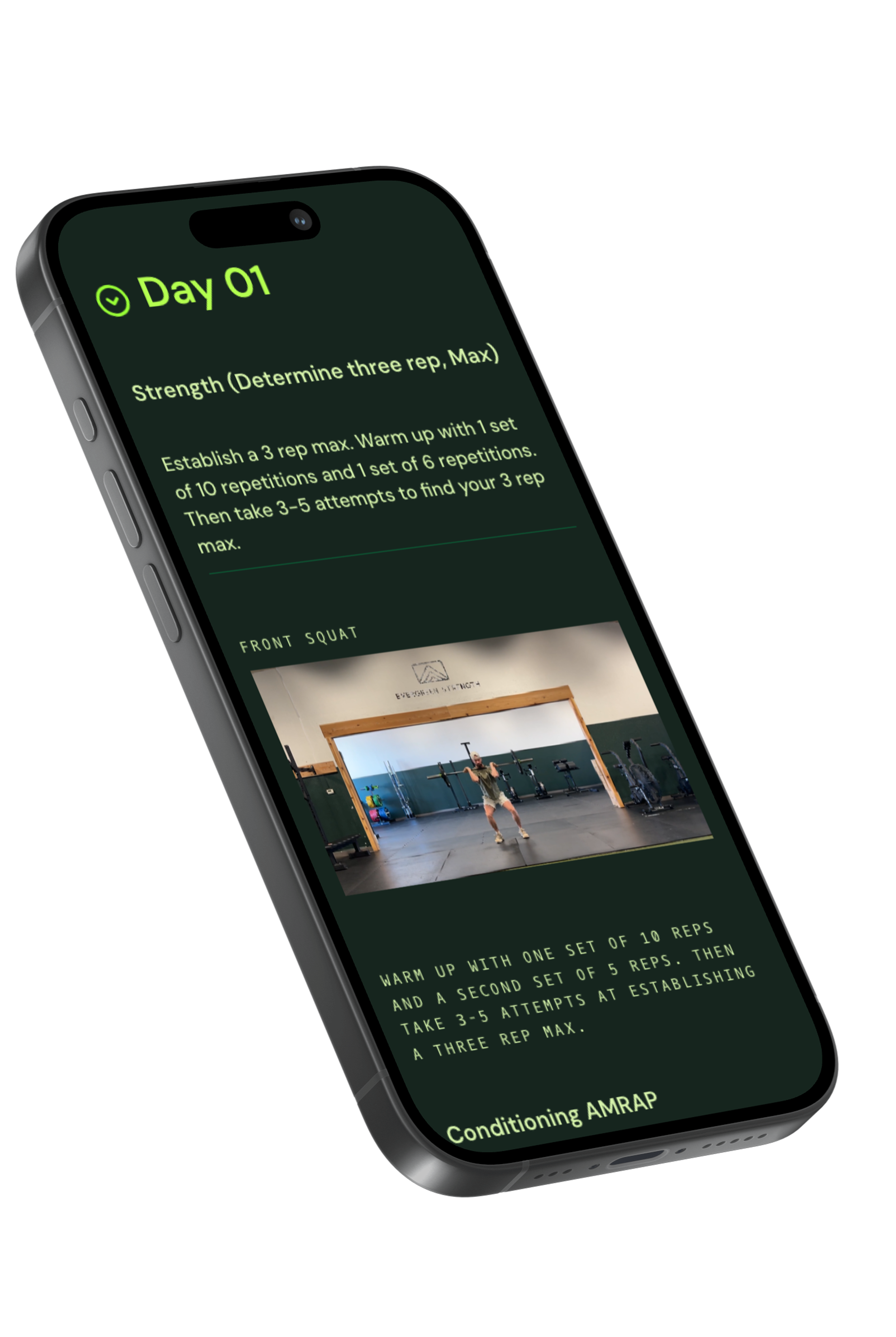 A smartphone displaying a fitness app with workout instructions for Day 01, including strength training and front squat, with a background of a gym.