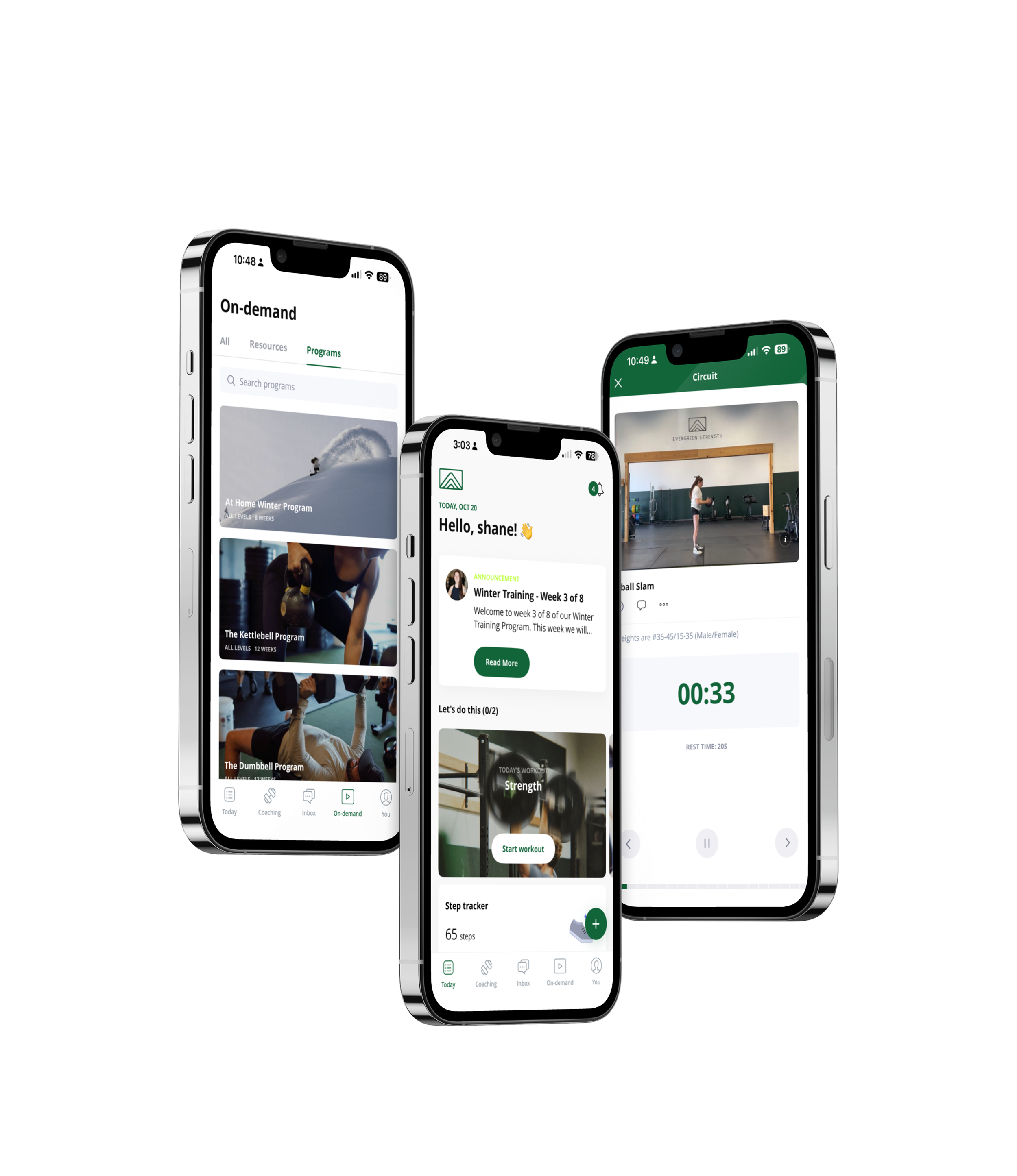 Three smartphones showing fitness app screens, including workout programs, progress tracking, and a timer during exercise on a black background.