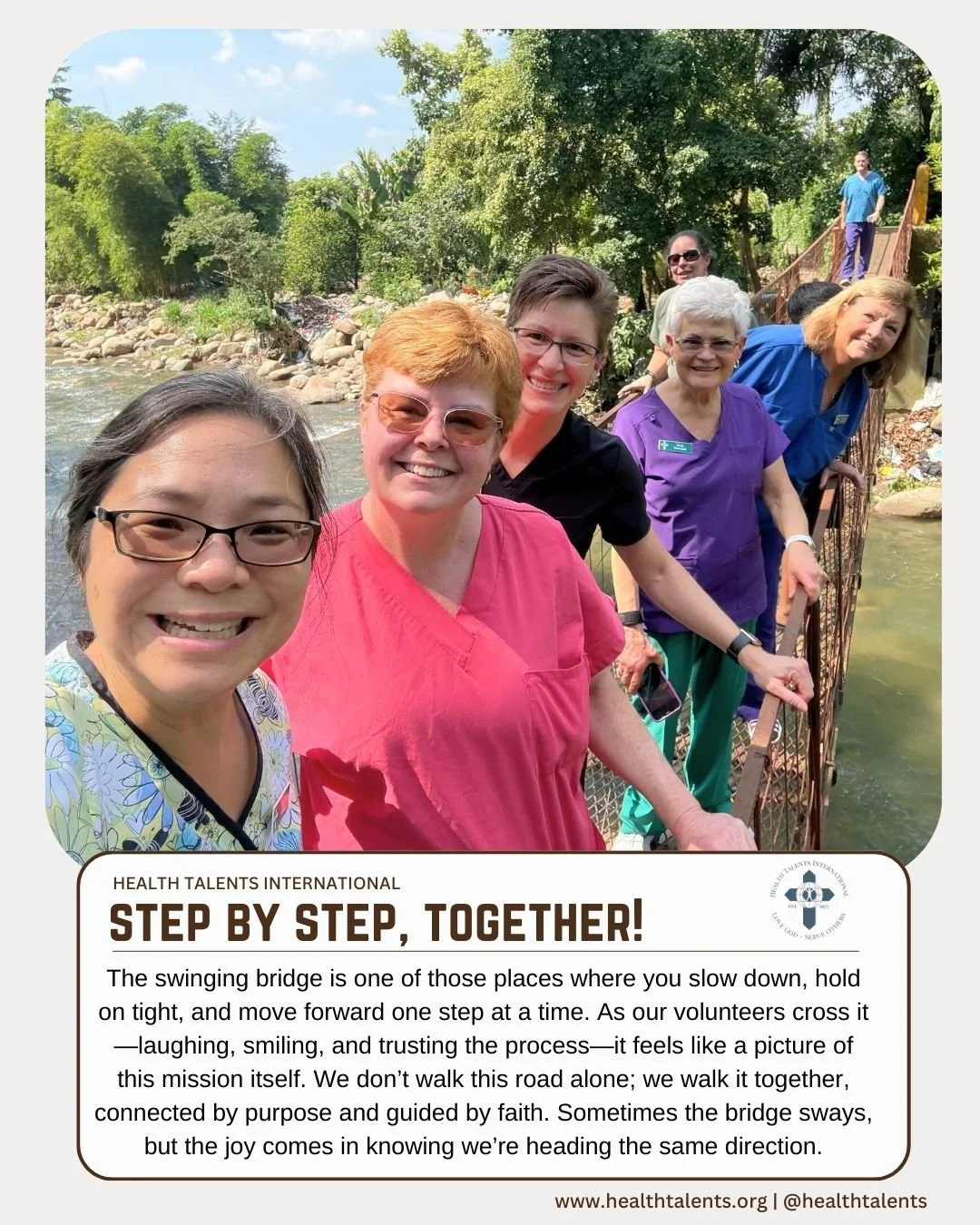 Step by Step, Together!

The swinging bridge is one of those places where you slow down, hold on tight, and move forward one step at a time. As our volunteers cross it&mdash;laughing, smiling, and trusting the process&mdash;it feels like a picture of