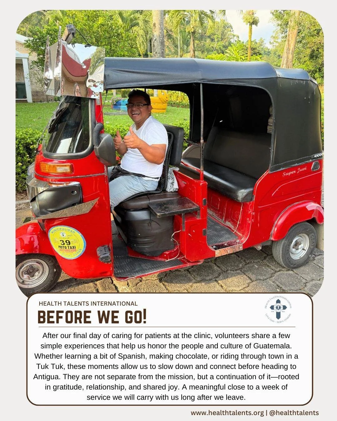 Closing the Clinic, Carrying the Joy 🚕🍫

On our final day at the clinic, after the last patients are cared for and heartfelt goodbyes are shared, our volunteers are invited into a few simple experiences that help us honor the place and people who h