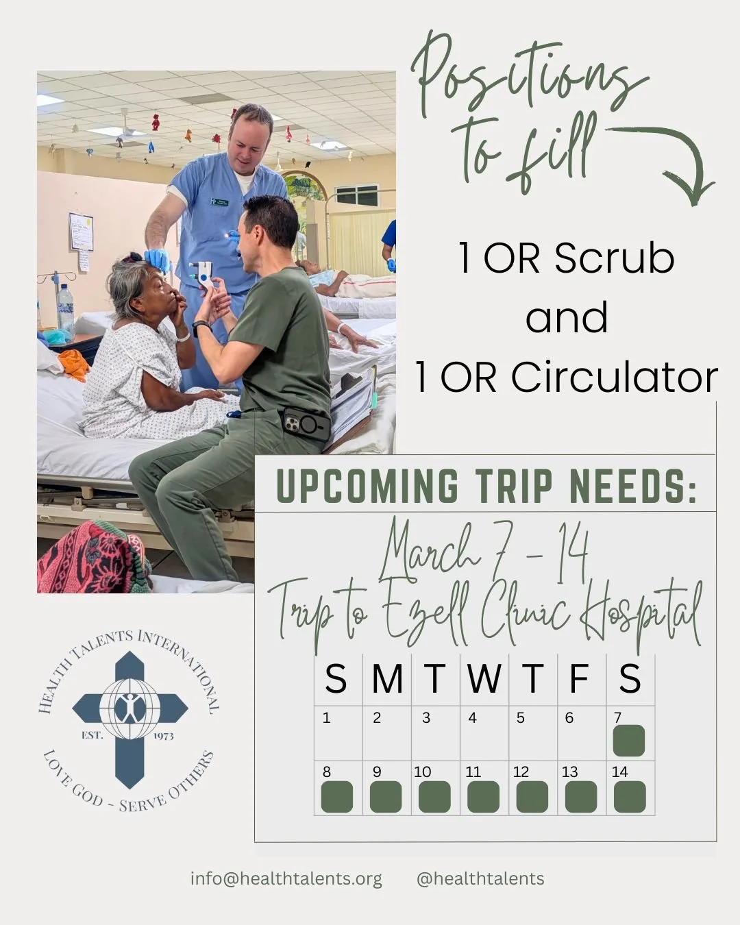 📣 Support Team, We Need You

As we prepare for our March 7&ndash;14 Eye Trip at Cl&iacute;nica Ezell, we have two critical support needs to fill for this specific eye team.

Every role matters&mdash;every yes helps restore sight, bring comfort, and 