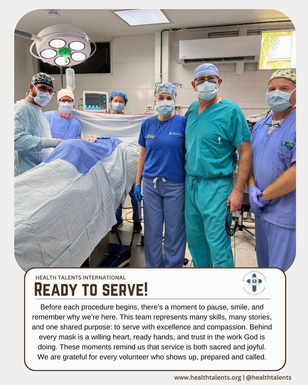 A quick smile before the work begins. This moment captures a surgical team ready to serve&mdash;skilled hands, focused minds, and hearts prepared for the task ahead. Every procedure tells a story of preparation, teamwork, and trust as volunteers and 