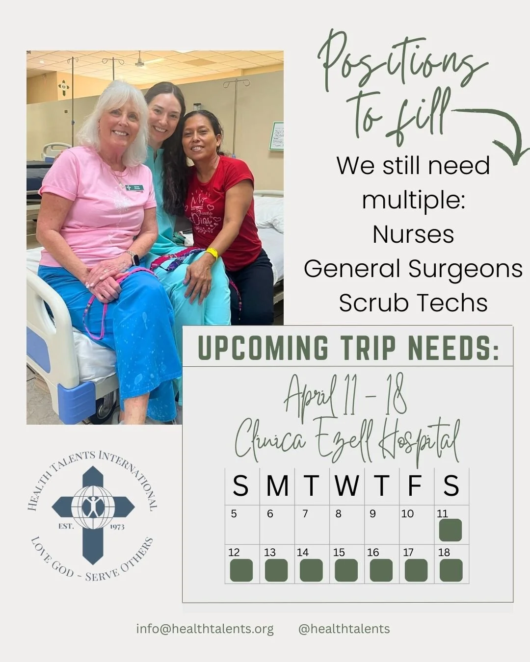 We need our community. 💛

Our upcoming April 11&ndash;18 General GYN &amp; Urology Trip at Cl&iacute;nica Ezell still has critical roles to fill. We are actively seeking multiple nurses, scrub techs, and general surgeons who are willing to step in a