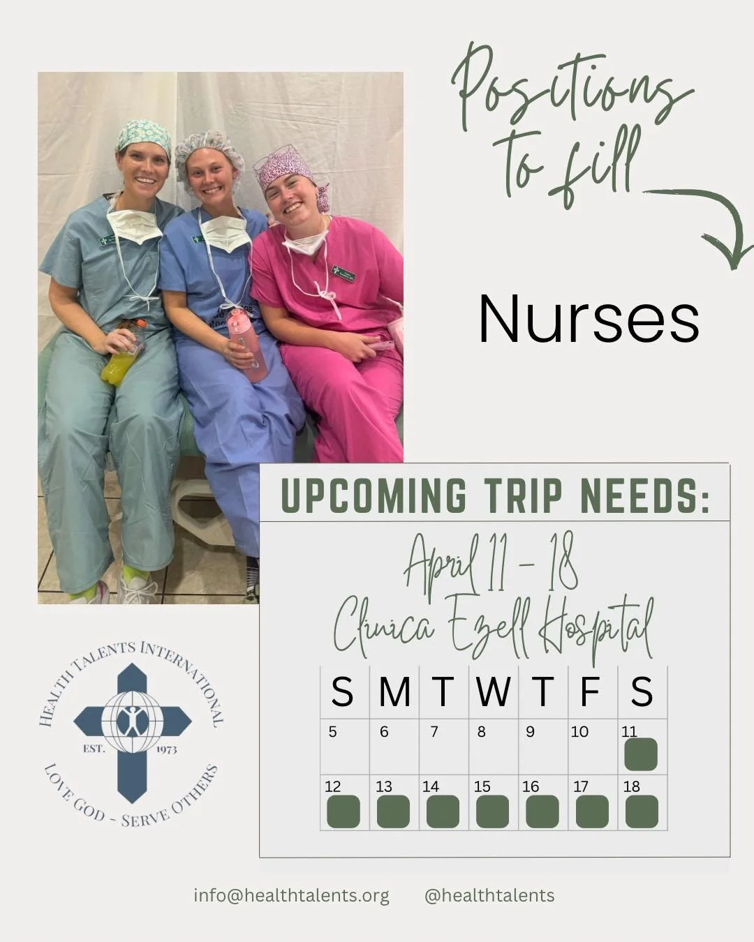 We&rsquo;re still looking for nurses to join our April 11&ndash;18 General GYN &amp; Urology Trip at Cl&iacute;nica Ezell&mdash;and we need your help spreading the word. 💛

This week will only be possible if the right team comes together. Our surgeo
