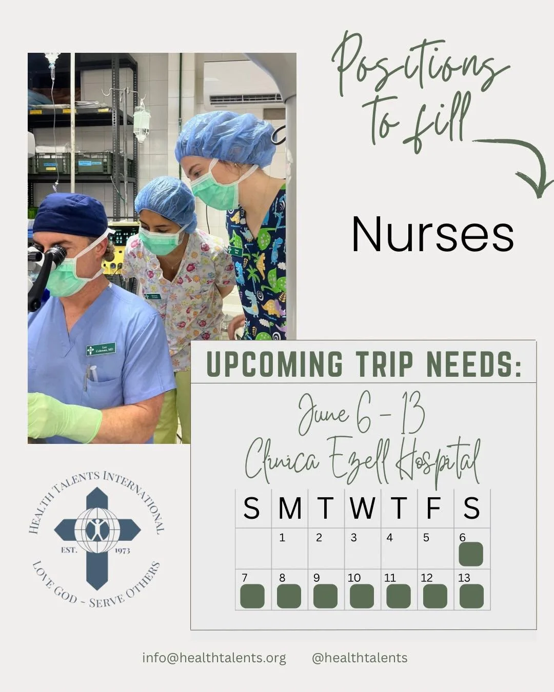 We have a need&mdash;and we&rsquo;re asking our community to help answer the call. 💛

We are currently looking for nurses to join our June 6&ndash;13 surgical trip this summer. Your skills, compassion, and willingness to serve can make a real differ