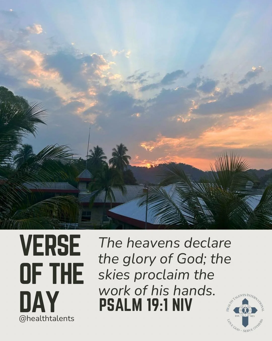 Verse of the Day

&ldquo;The heavens declare the glory of God; the skies proclaim the work of his hands.&rdquo; &mdash; Psalm 19:1 (NIV)

Sunset reminders that creation still speaks. Every ray across the sky points to the beauty, power, and faithfuln