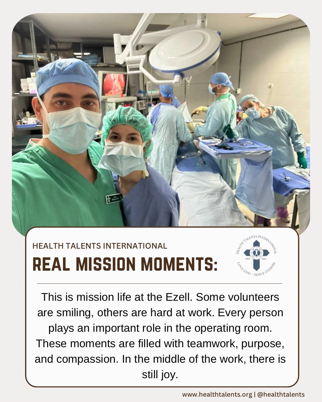 Real Mission Moments 💛

This is mission life at the Ezell. Some volunteers smiling for the camera, others fully focused on the work in front of them&mdash;everyone playing a part in the operating room.

There&rsquo;s movement, teamwork, problem solv