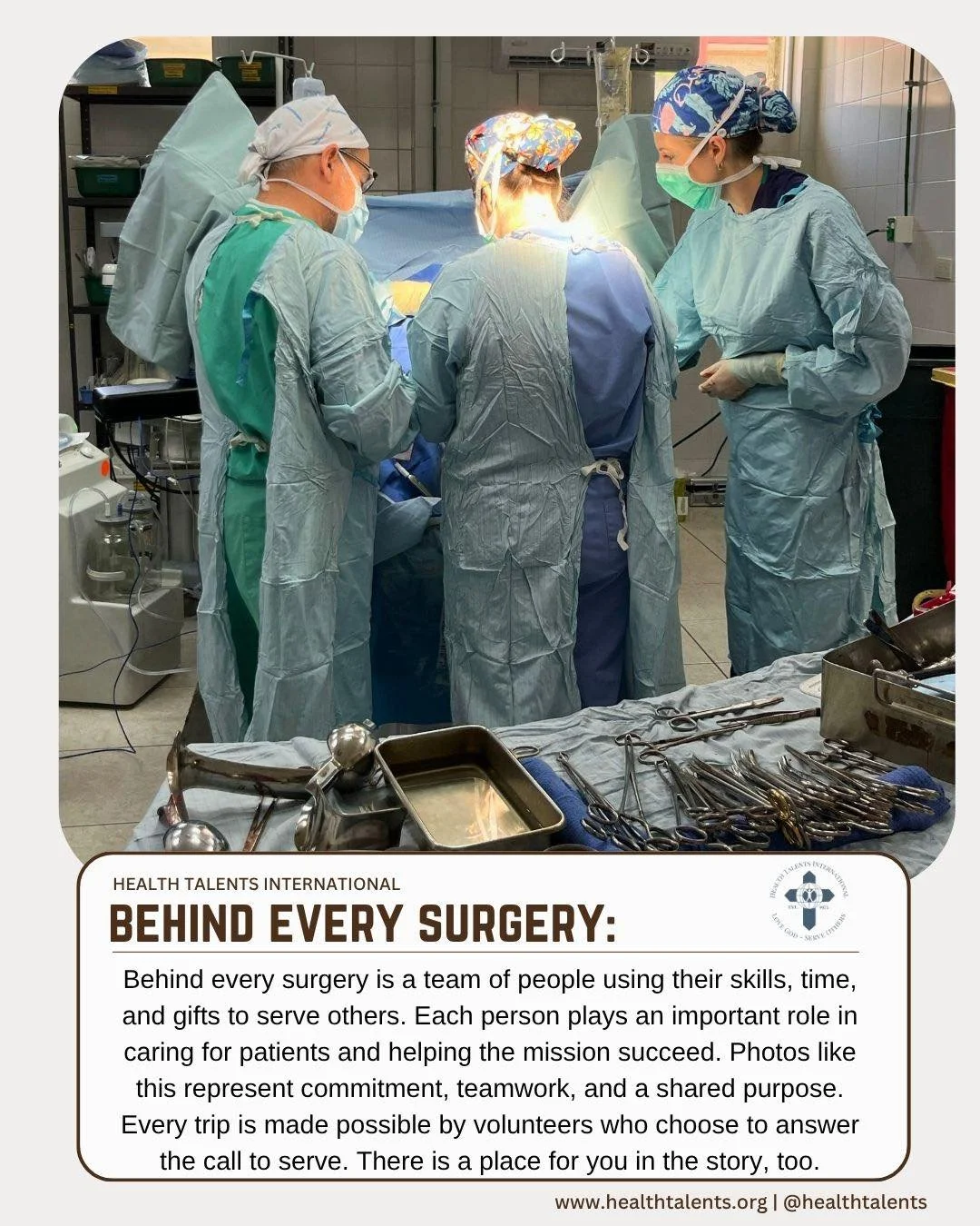 Behind every surgery is a team. 💛

A team of people who chose to use their skills, their time, and their gifts to serve others. Surgeons, nurses, anesthesia providers, scrub techs, sterilization teams, translators, and countless others all working t