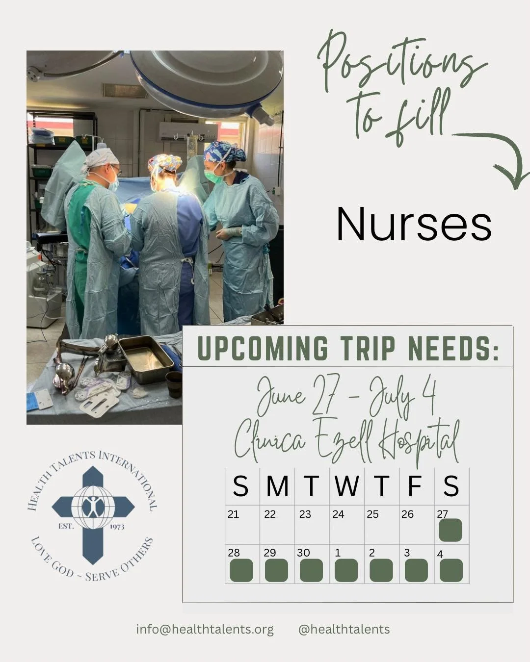 🚨 We Need Nurses! 🚨

Our June 27 &ndash; July 4 trip is quickly approaching, and we are still looking for nurses to join our team. These trips are only possible because dedicated volunteers are willing to use their gifts to serve others, and right 