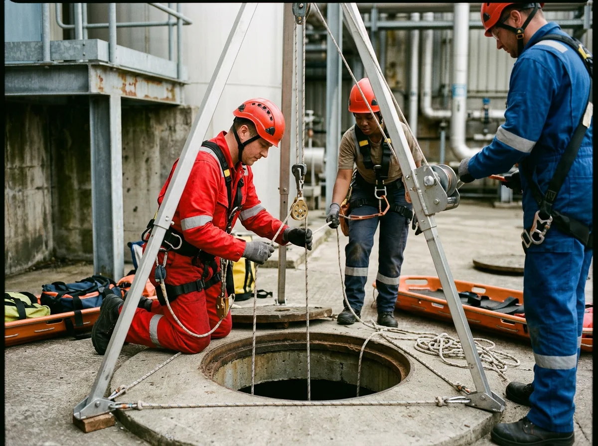 Three workers in safety gear and harnesses preparing to descend into an industrial manhole, surrounded by safety equipment and tools.