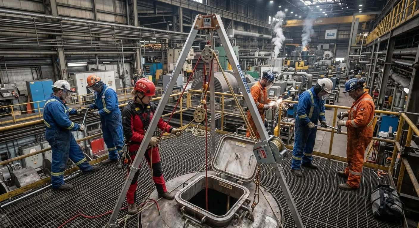 Industrial workers wearing safety helmets and protective gear working on equipment inside a factory or plant. Some workers are welding, others are handling tools and machinery, with pipes and industrial infrastructure in the background.