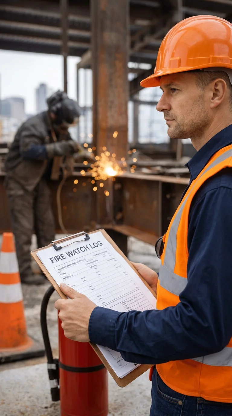 A construction worker in an orange hard hat and safety vest holds a fire watch log sheet while monitoring an ongoing welding activity at a construction site.