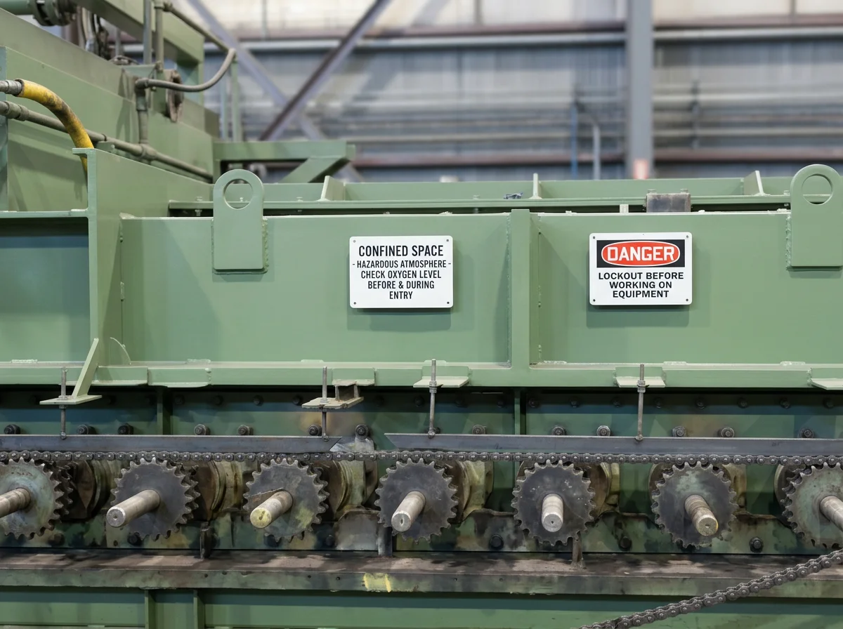Industrial machinery with safety signs that say 'Confined Space - Hazardous atmosphere - Check oxygen level before & during entry' and 'Danger - Lockout before working on equipment'
