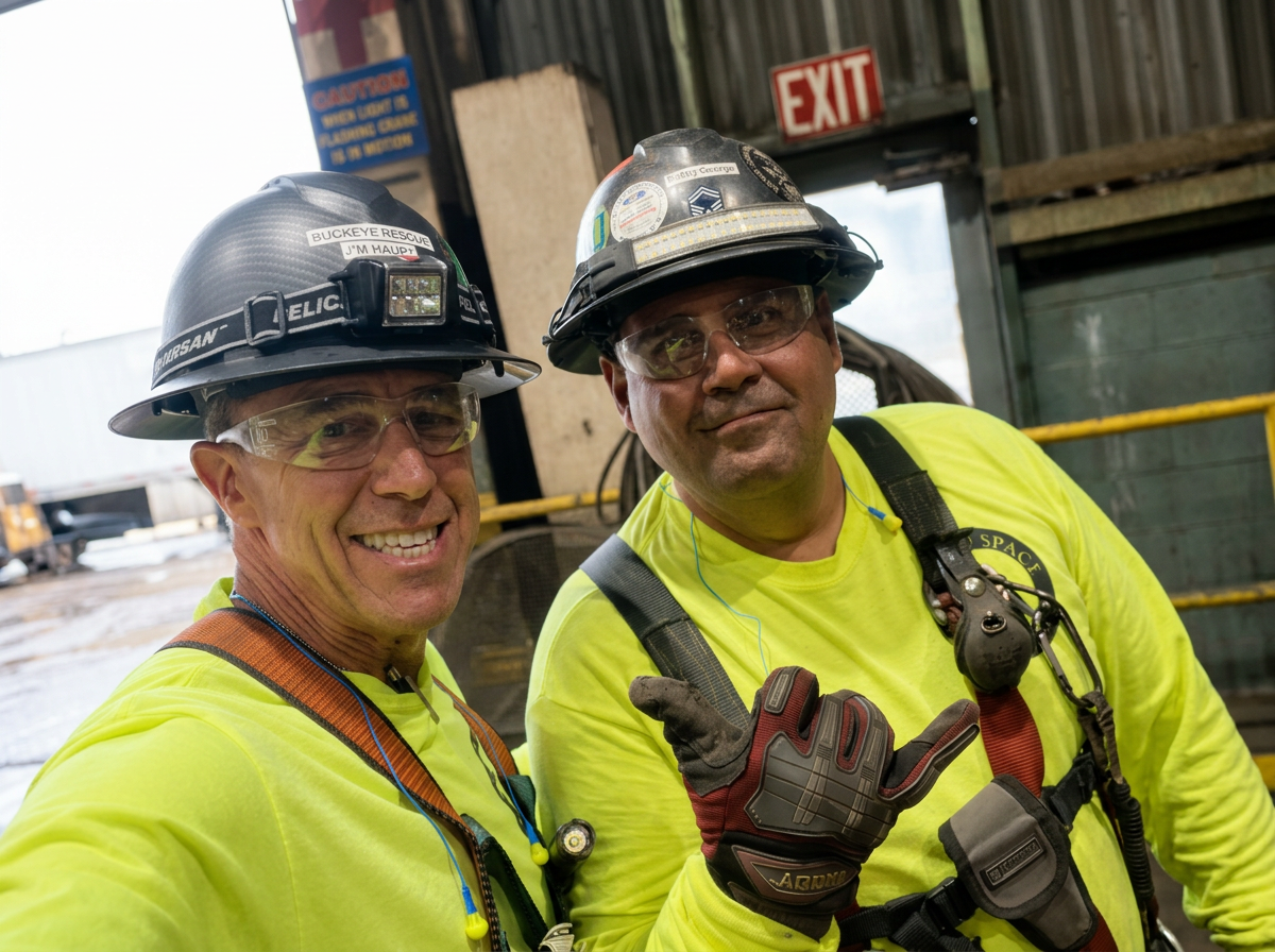 Two construction workers or industrial workers wearing safety helmets, glasses, and high-visibility yellow shirts. They are smiling, with one giving a thumbs-up or finger-pointing gesture. The background includes safety signs and a warehouse or industrial setting.