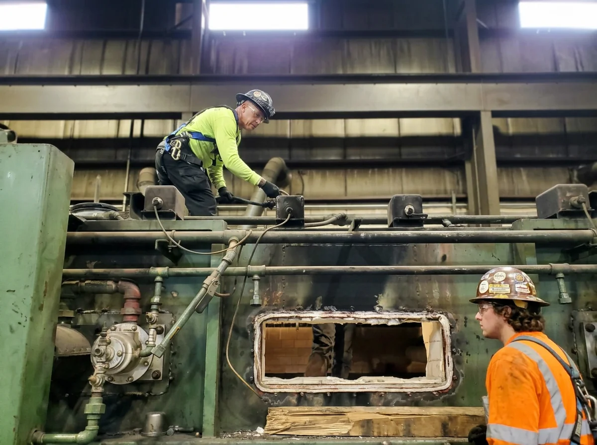 Two workers in safety gear working on a large industrial machine inside a warehouse or factory.