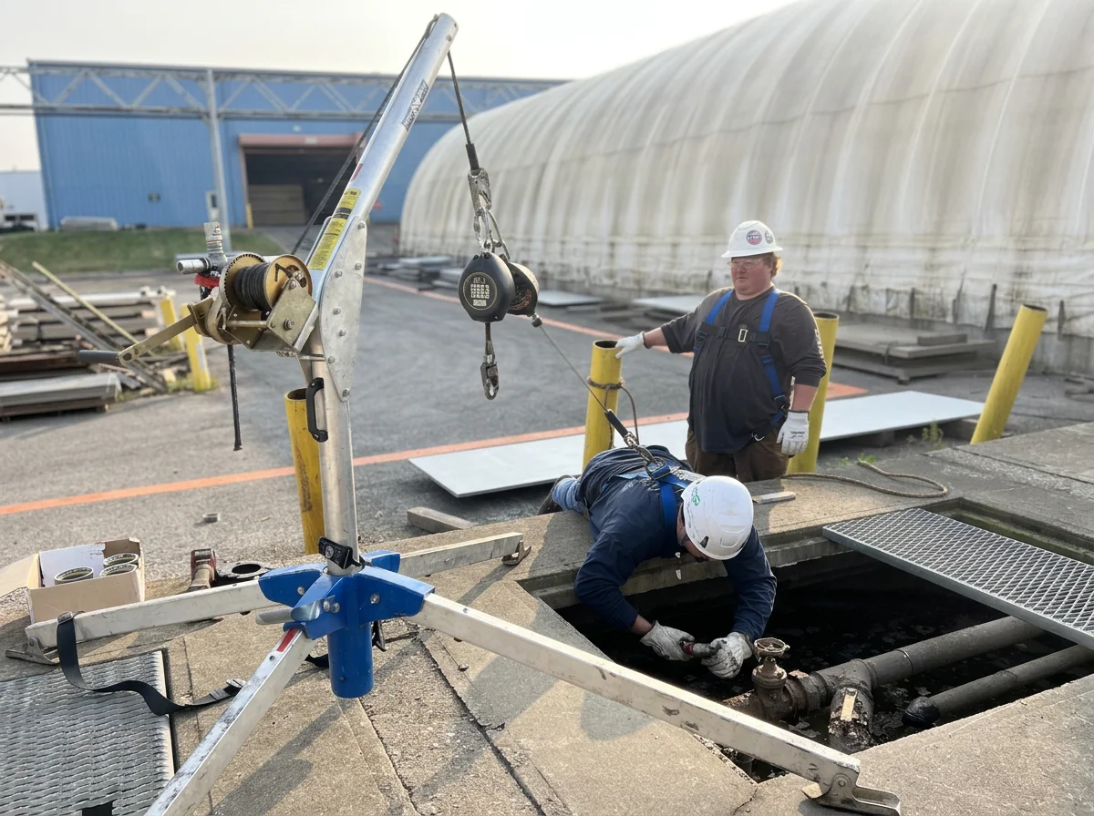 Two workers wearing safety helmets and gloves are working on an underground pipe; one is using a tool inside an open access point, while the other stands outside holding a chain hoist.