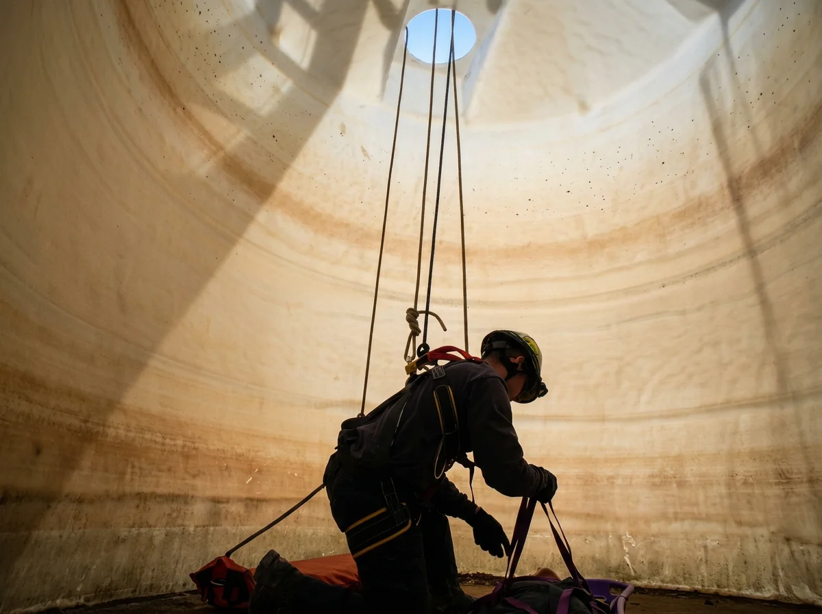 A rescue worker in protective gear and helmet inside a cylindrical stone structure, attach to climbing ropes, preparing for a rescue or inspection.