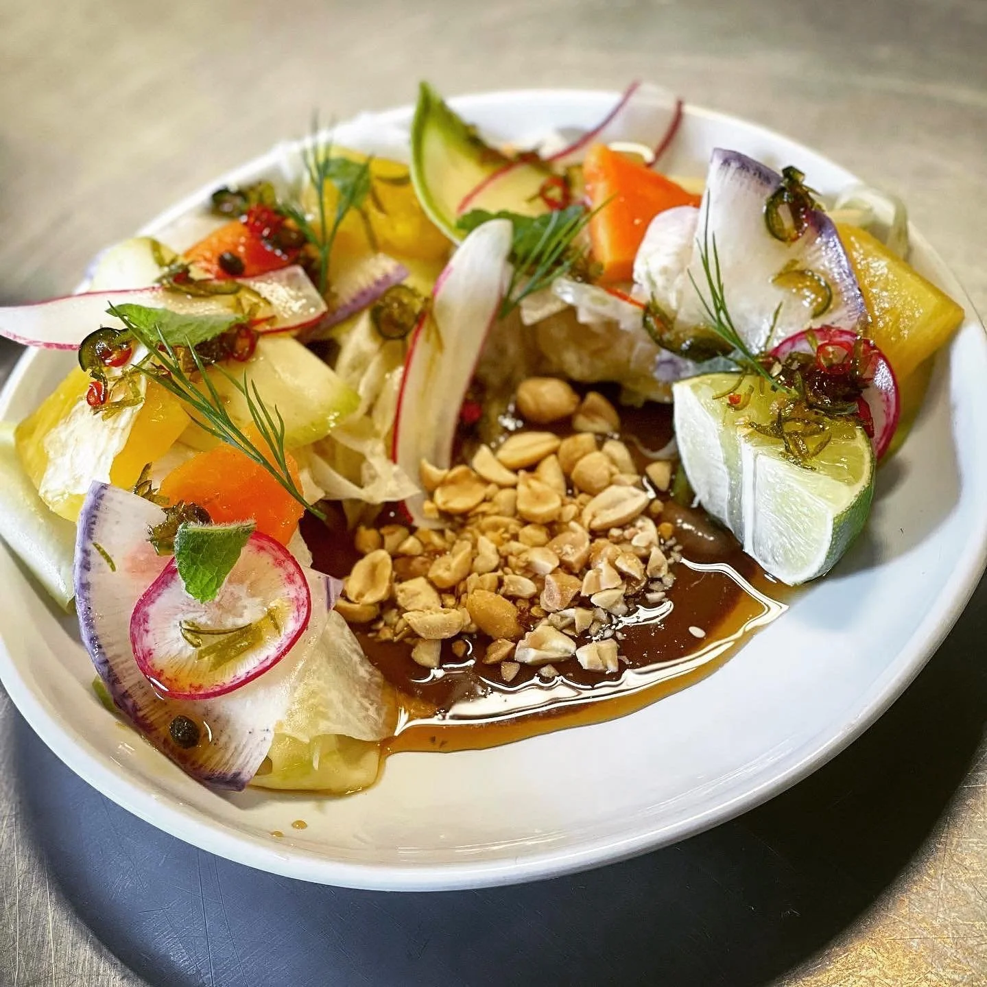 This is my version of #rujak..a sweet savory sour kind of any time “salad” with textures from underripe, raw and soft ripe fruits and vegetables with tamarind, Javanese palm sugar, chilies, peanuts and typically fermented shrimp paste..bu