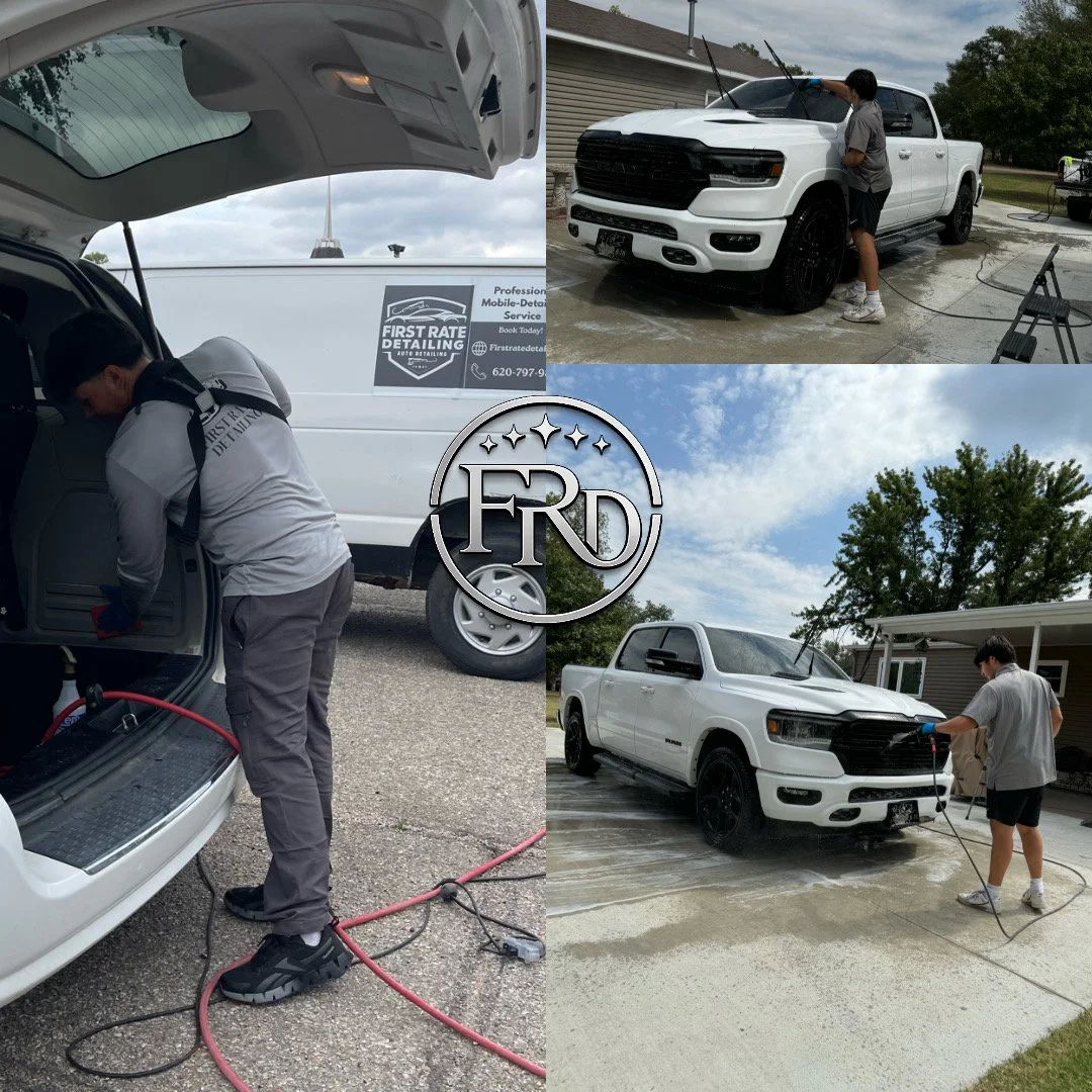 Owner of First Rate Detailing (Cristian R) in a collage photo detailing cars, trucks, & SUV's. Most photos in the collage were taken in Great Bend, Kansas, Hoisington Kansas, Ellinwood, Kansas.