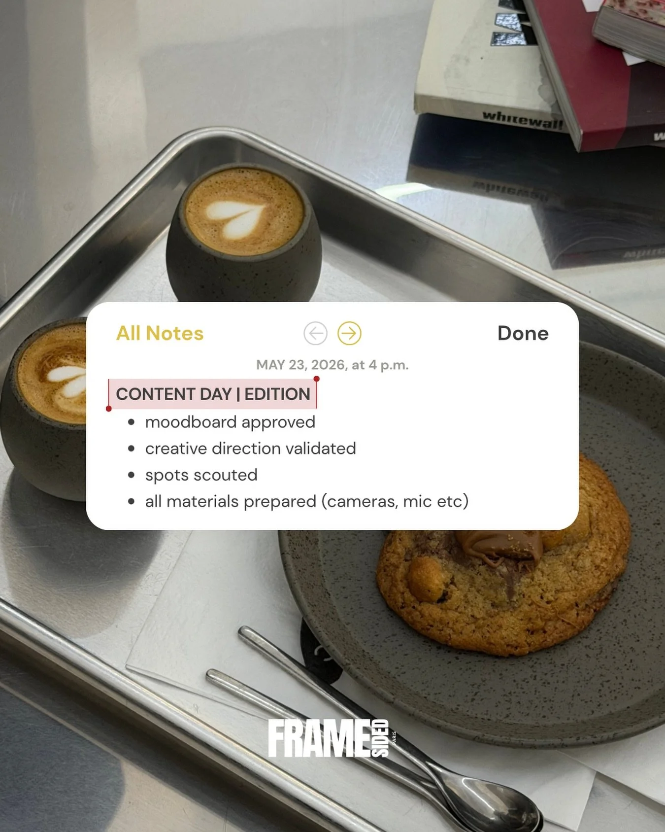CONTENT DAYS BY FRAMESIDED

More than a shoot &mdash; a curated visual experience designed to build intentional, desirable and cohesive digital presence.

From atmosphere to storytelling, every detail is approached with editorial direction and brand 