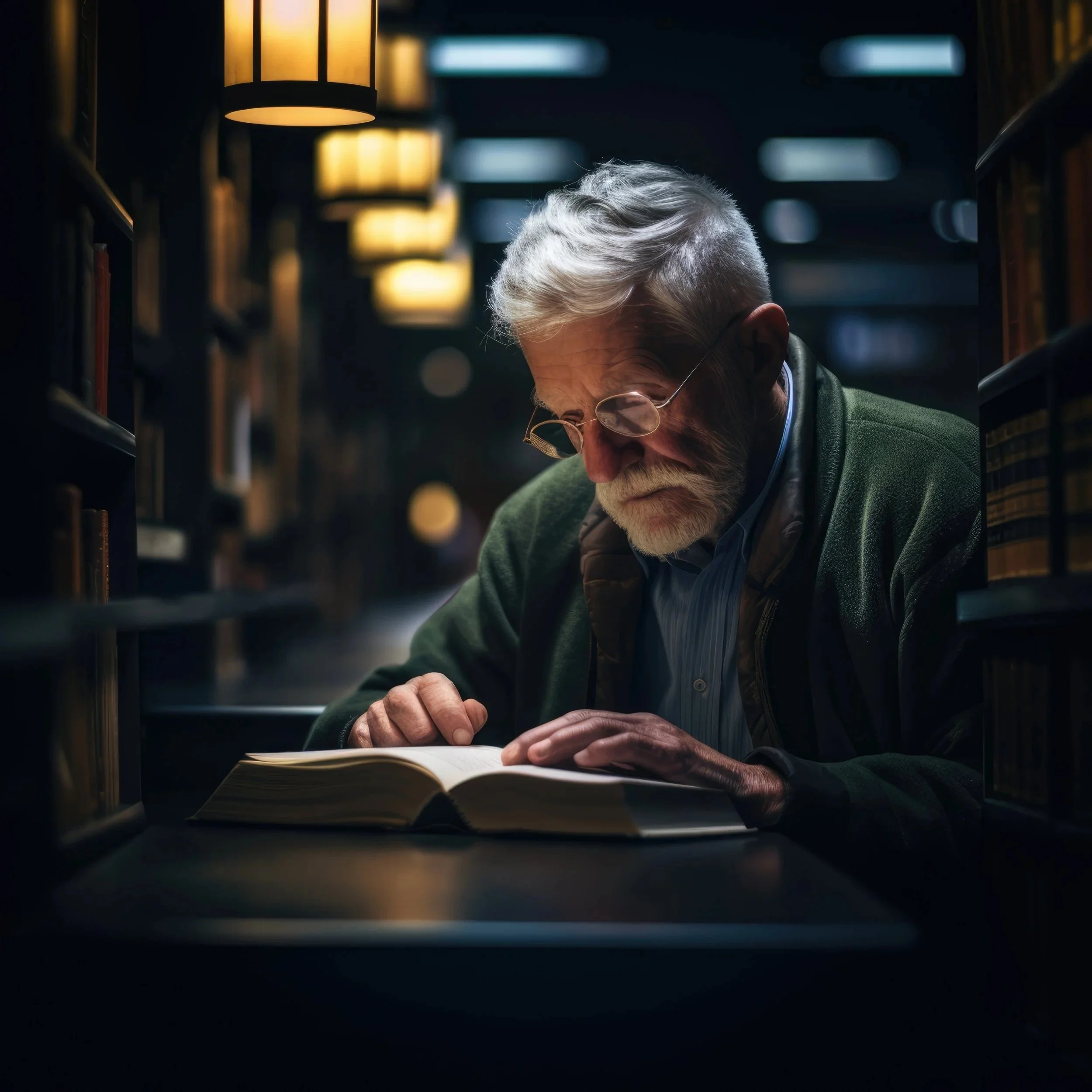 An elderly man with gray hair and glasses reading a book, sitting in a dimly lit library with warm yellow lighting.