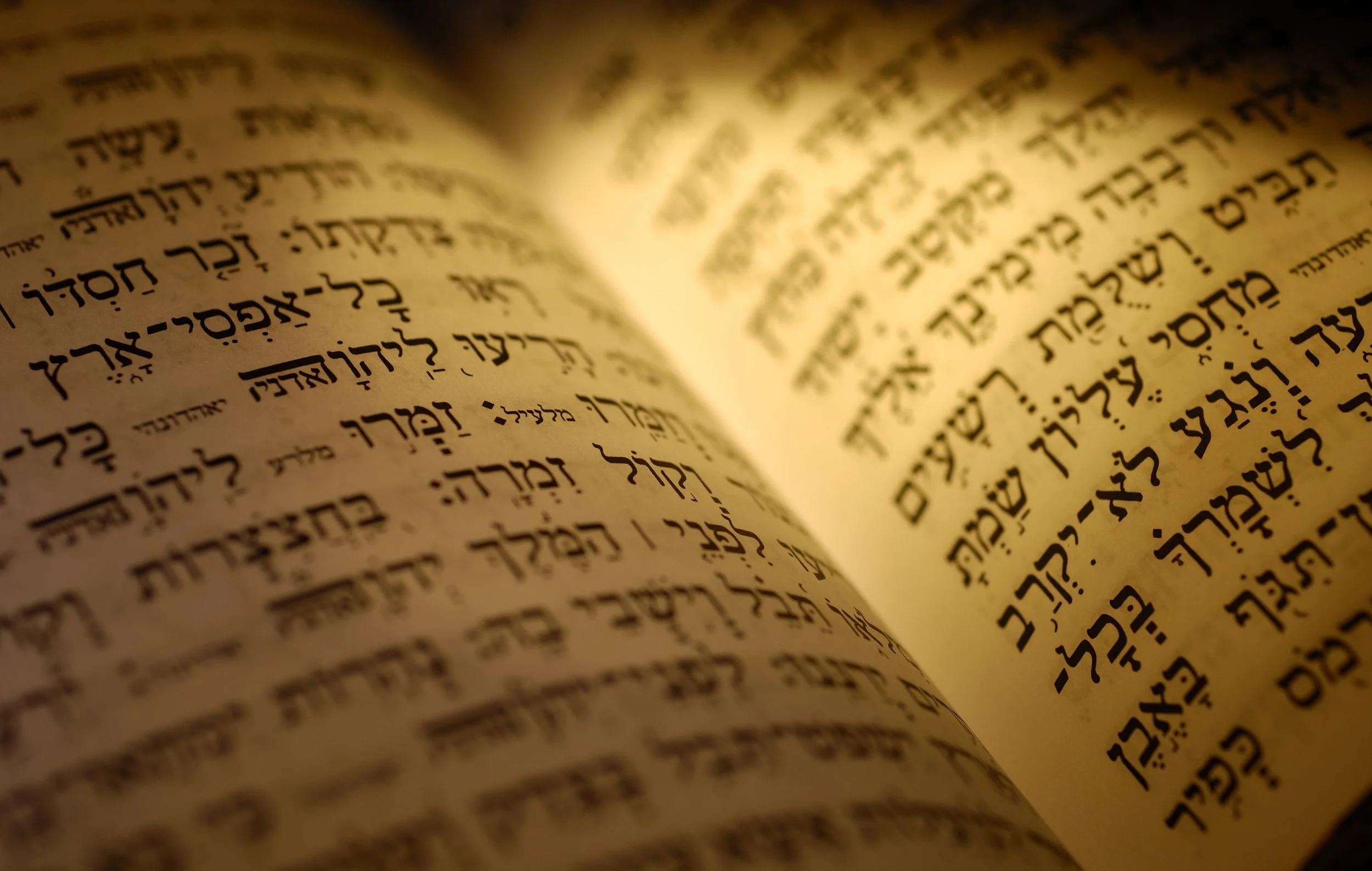 Close-up of an open Hebrew Bible showing Hebrew text on pages with a warm, glowing light.