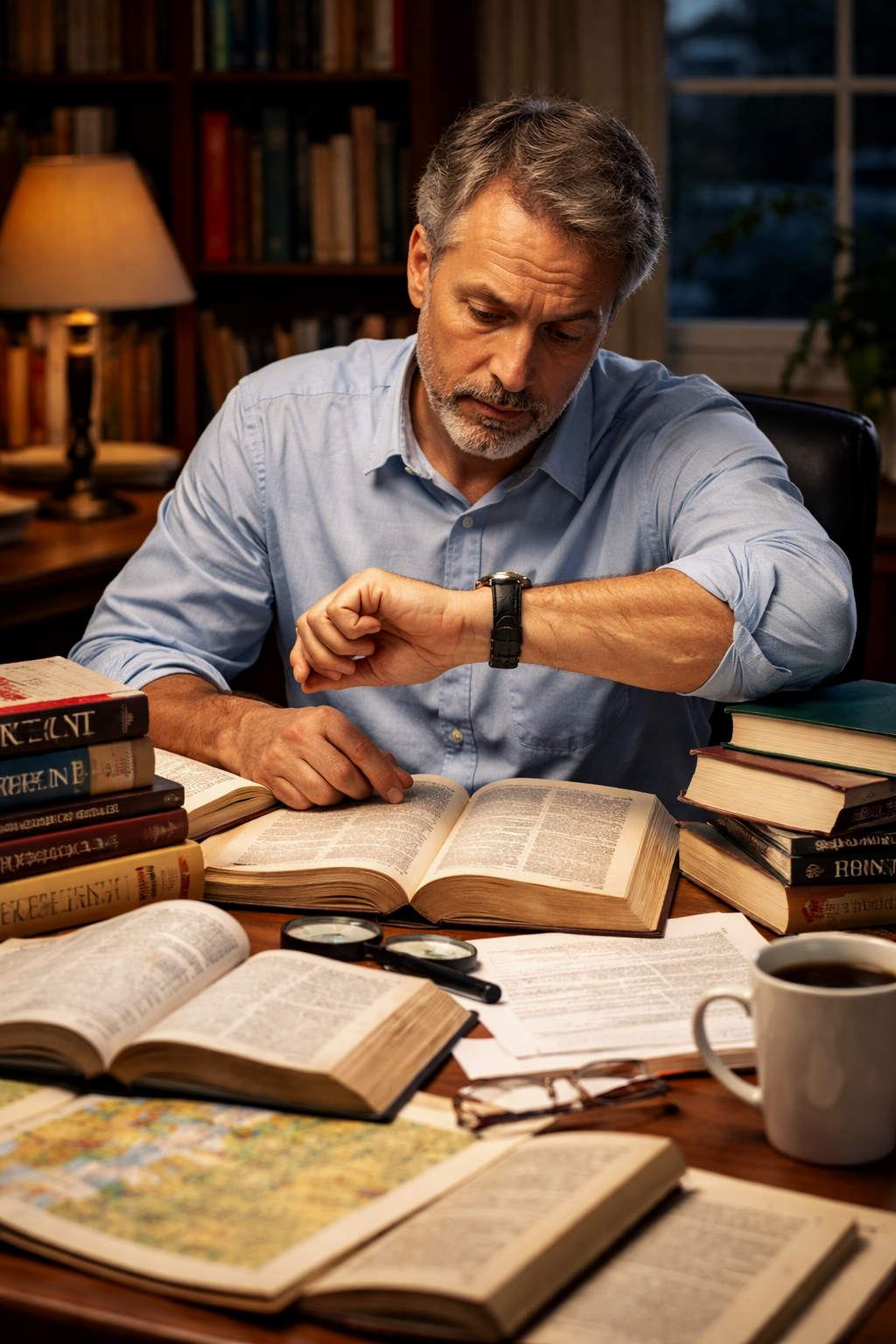 A man with gray hair and a beard in a blue shirt, sitting at a cluttered desk with books, papers, writing tools, and a cup of coffee, checking his wristwatch in a study with a bookshelf and lamp in the background.