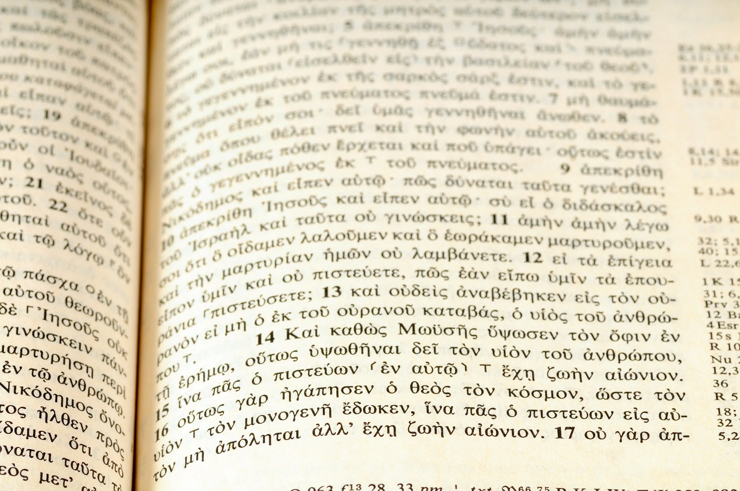 Close-up of an open Bible with Greek text, showing the pages in focus and the rest blurred.