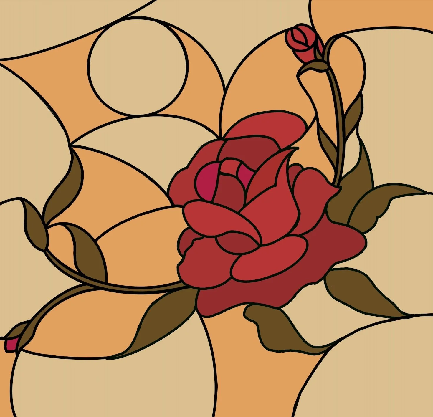 Abstract floral design featuring red roses and beige petals with brown outlines.