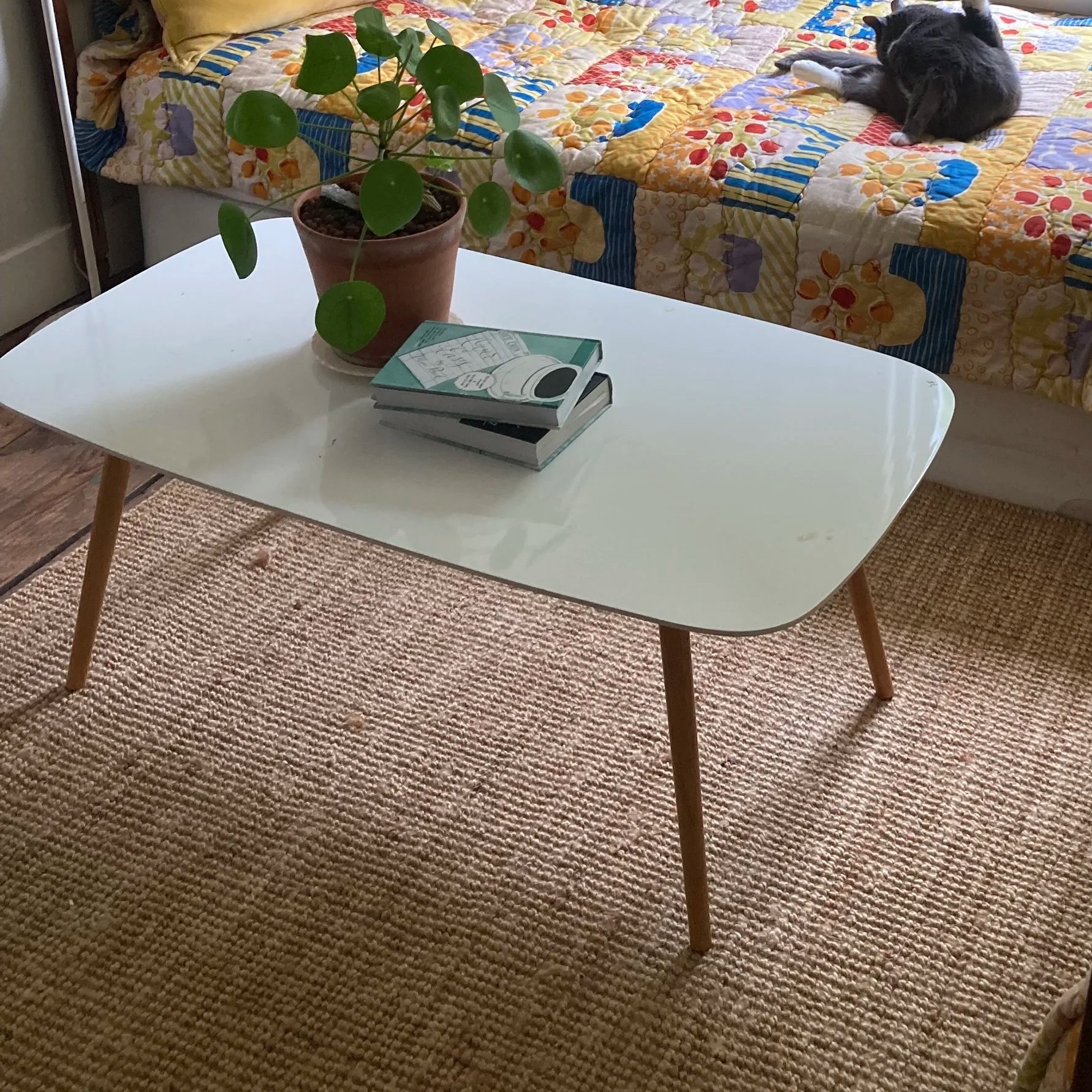 tall coffee table. one leg slightly loose.