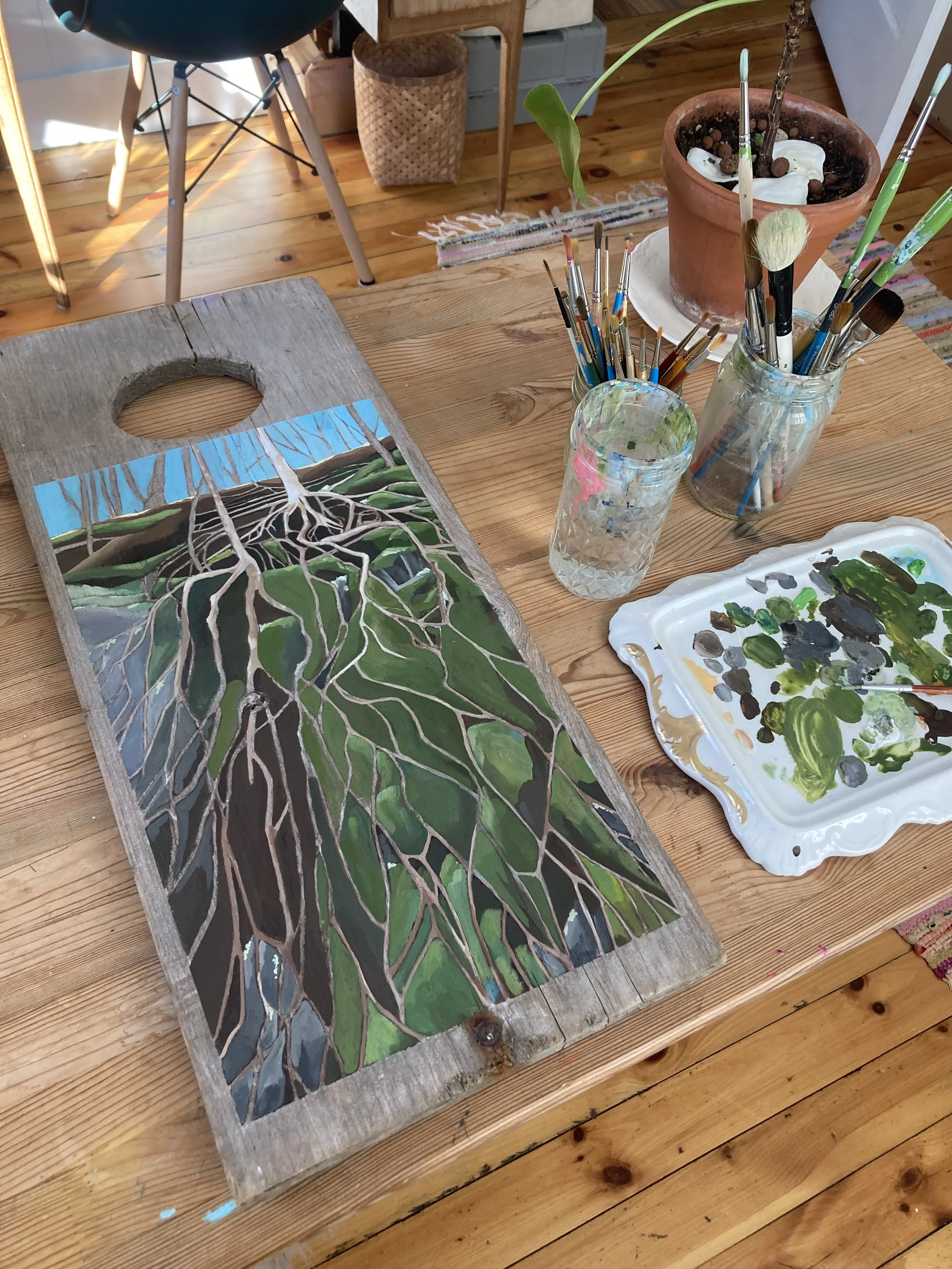 "Assuredness of Roots", Goache on Driftwood Board
