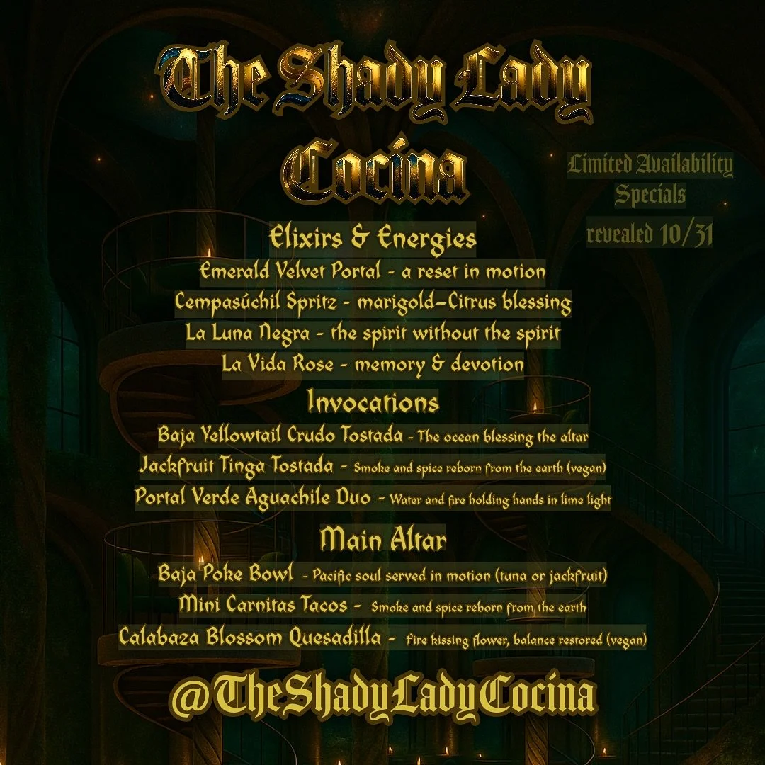 #slidecity ➡️ to see past &amp; present meeting to design our future.

This isn&rsquo;t just a menu &mdash; it&rsquo;s a prayer in motion.
Every elixir, every bite, carries a story of survival, sabor, and spirit.
Mystic Manor Halloween Soir&eacute;e 