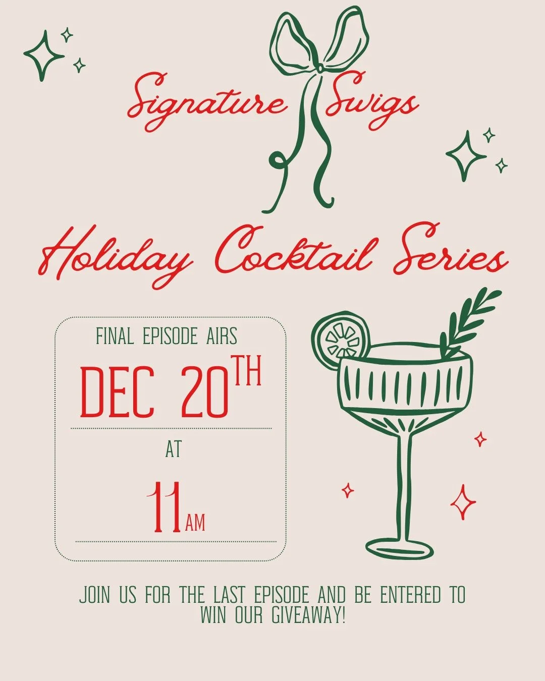 The final episode of our holiday cocktail series is this Saturday!
🌲✨🍸
Join us over on our YouTube and be entered to win our giveaway!

https://www.youtube.com/@SignatureSwigs

#christmas #cocktails #fyp #fun #trendingnow