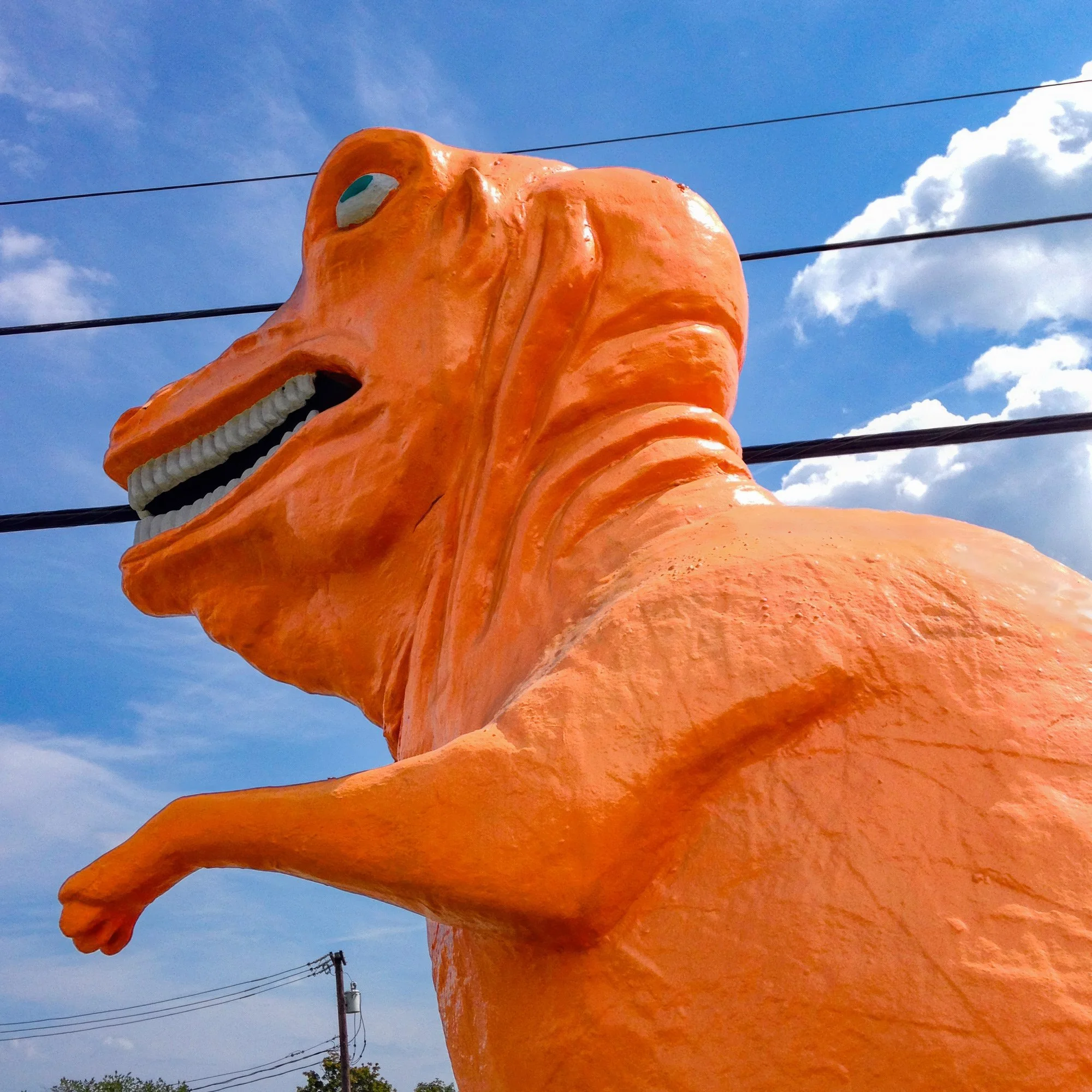 "Saugasaurus"
The Route 1 Miniature Golf and Batting Cages are gone, but the orange dinosaur lives on. A fiberglass Tyrannosaurus rex stood guard over the family-owned business, which opened in 1958 in Saugus, staring down cars on Route 1. After the 