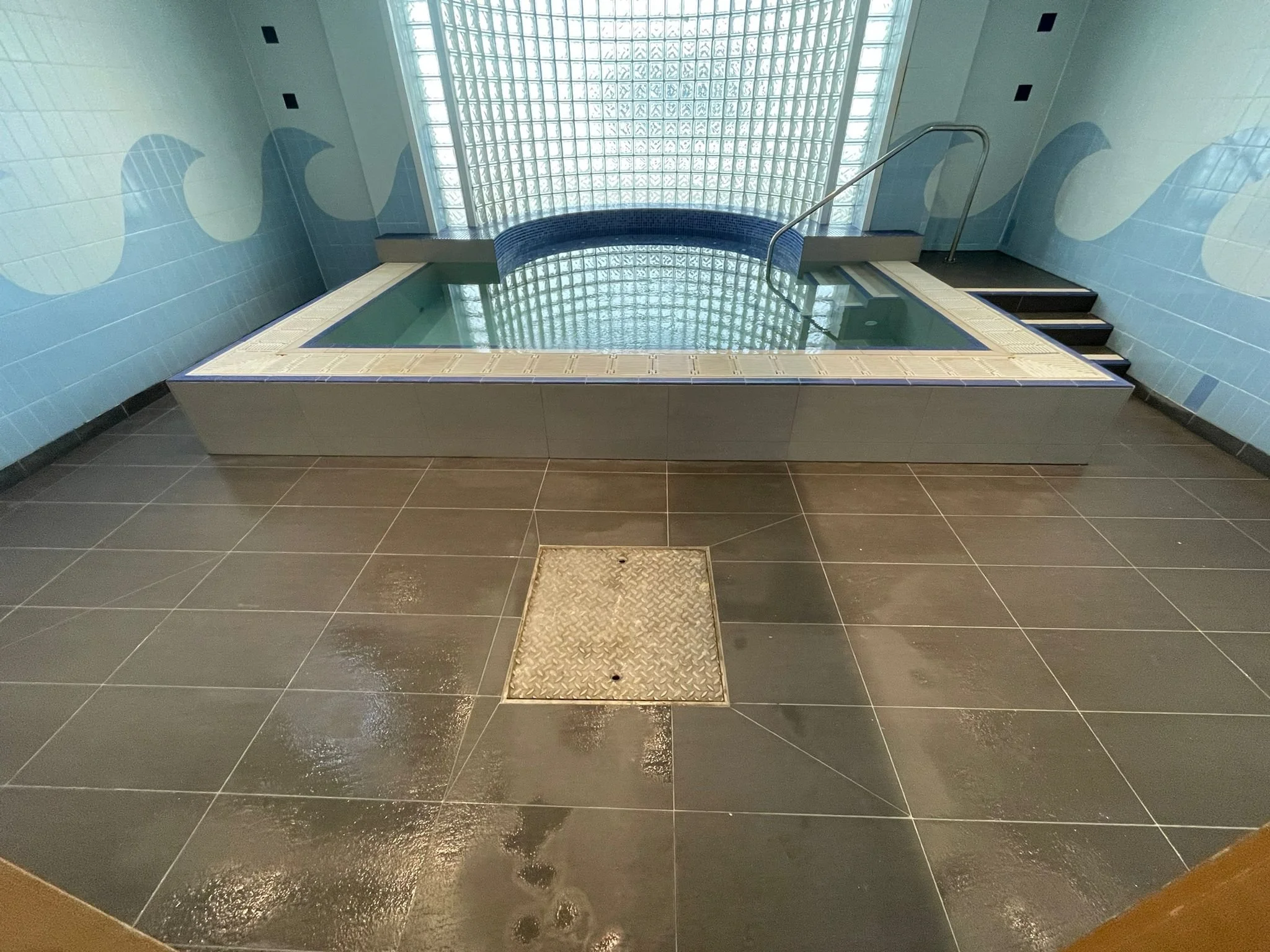 Indoor hot tub with steps leading into it, surrounded by blue tiled walls with wave designs, and a glass block window in the background.