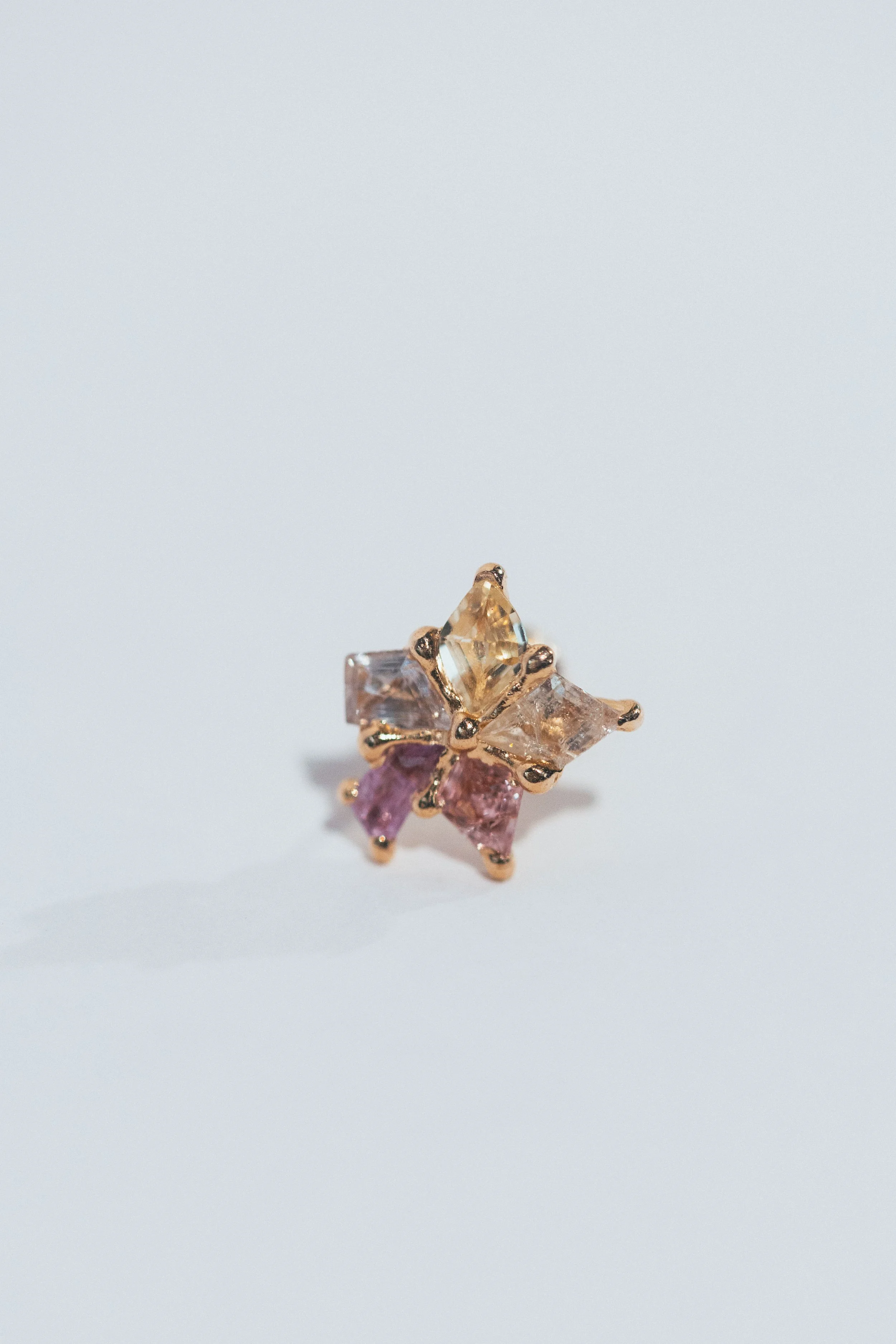 A gold ring with six gemstone flowers in pink, clear, and yellow, arranged in a floral cluster on a white background.