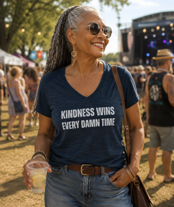 Kindness Wins Every Damn Time  V-Neck Tshirt in Navy