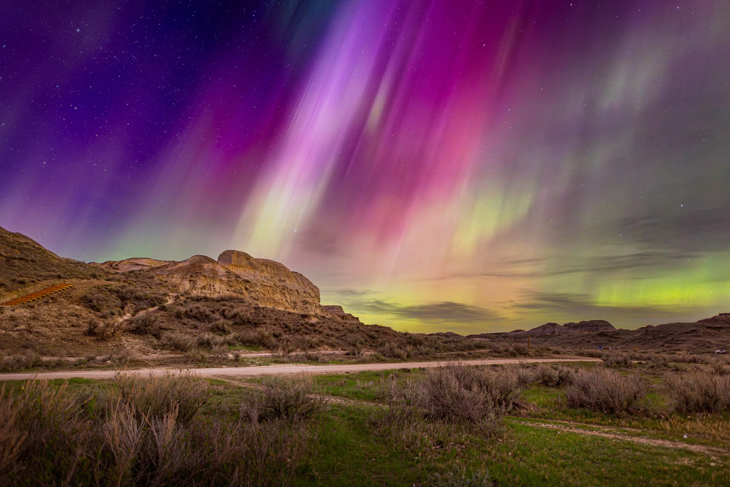 Northern lights over a dry, hilly landscape with bushes and a dirt road at night.