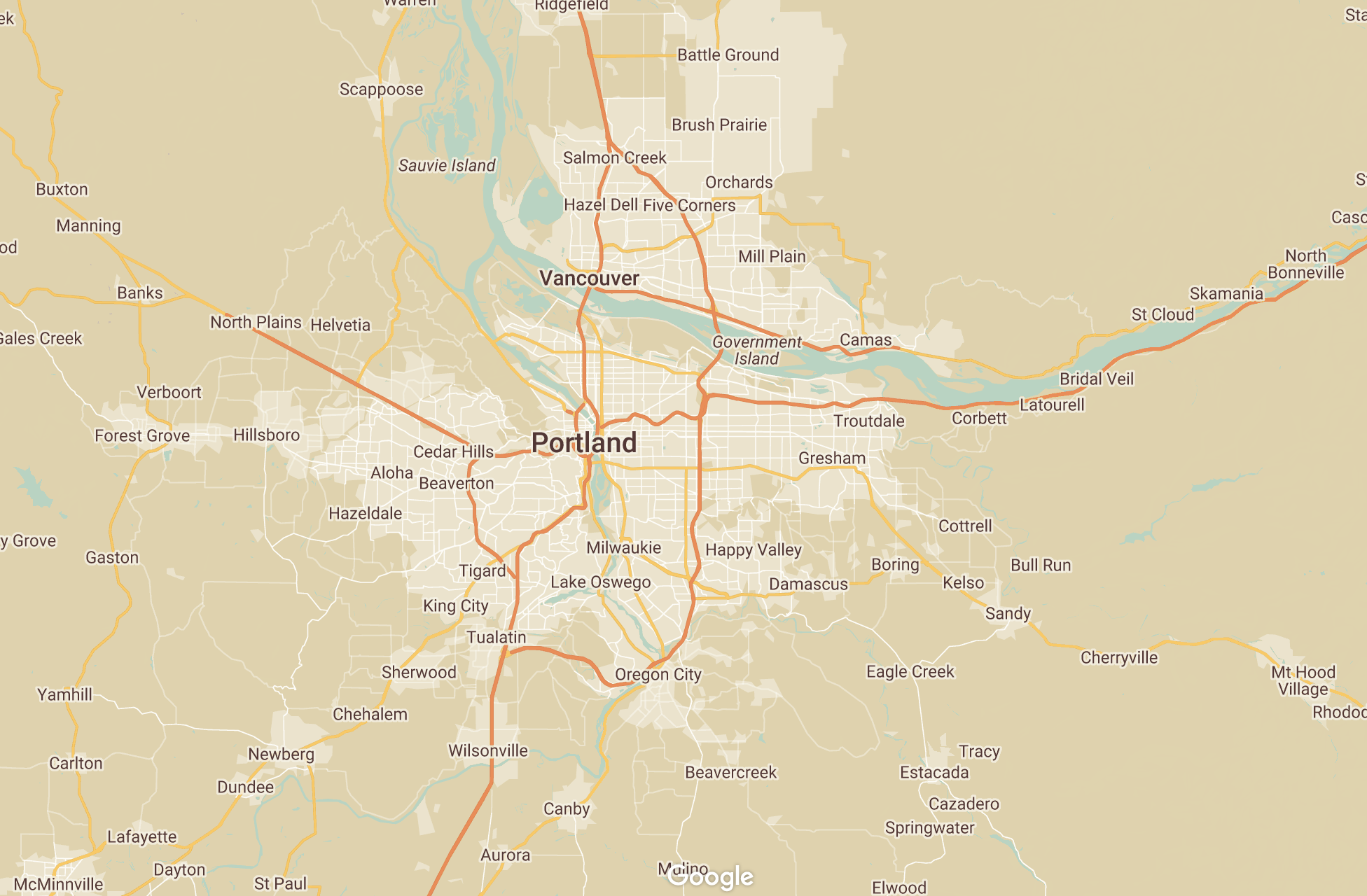 Map of the Portland metropolitan area in Oregon, showing surrounding neighborhoods and cities, major highways, and rivers.