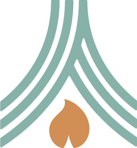 Graphic design of four teal ribbons converging at a brown drop shape in the center.