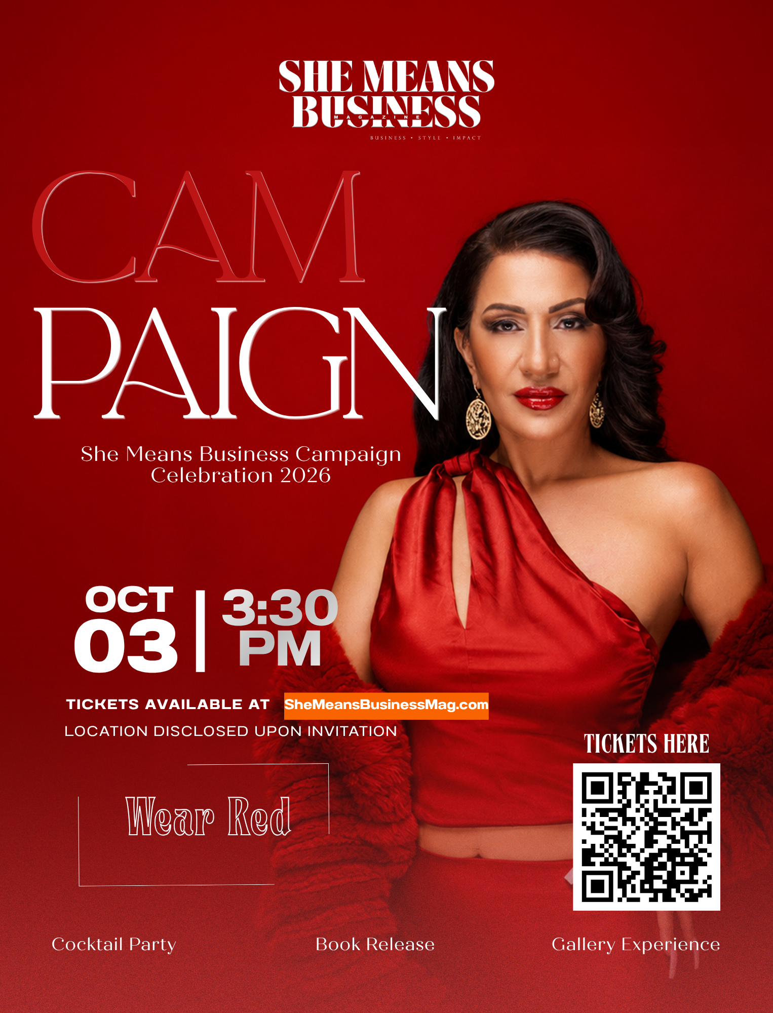 Red-themed promotional poster featuring a woman in a red dress with red lipstick and earrings, advertising a She Means Business Campaign Celebration 2026 event on October 3rd at 3:30 PM with tickets available at SheMeansBusinessMag.com, including options for cocktail party, book release, and gallery experience, with a QR code for ticket access.