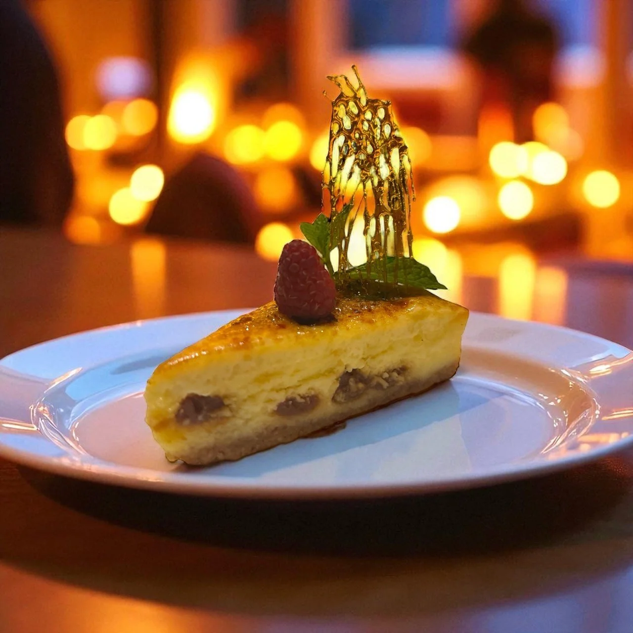 Slice of cheesecake with a raspberry and mint leaf garnish, adorned with a decorative caramel or sugar sculpture, on a white plate in a warmly lit restaurant setting.
