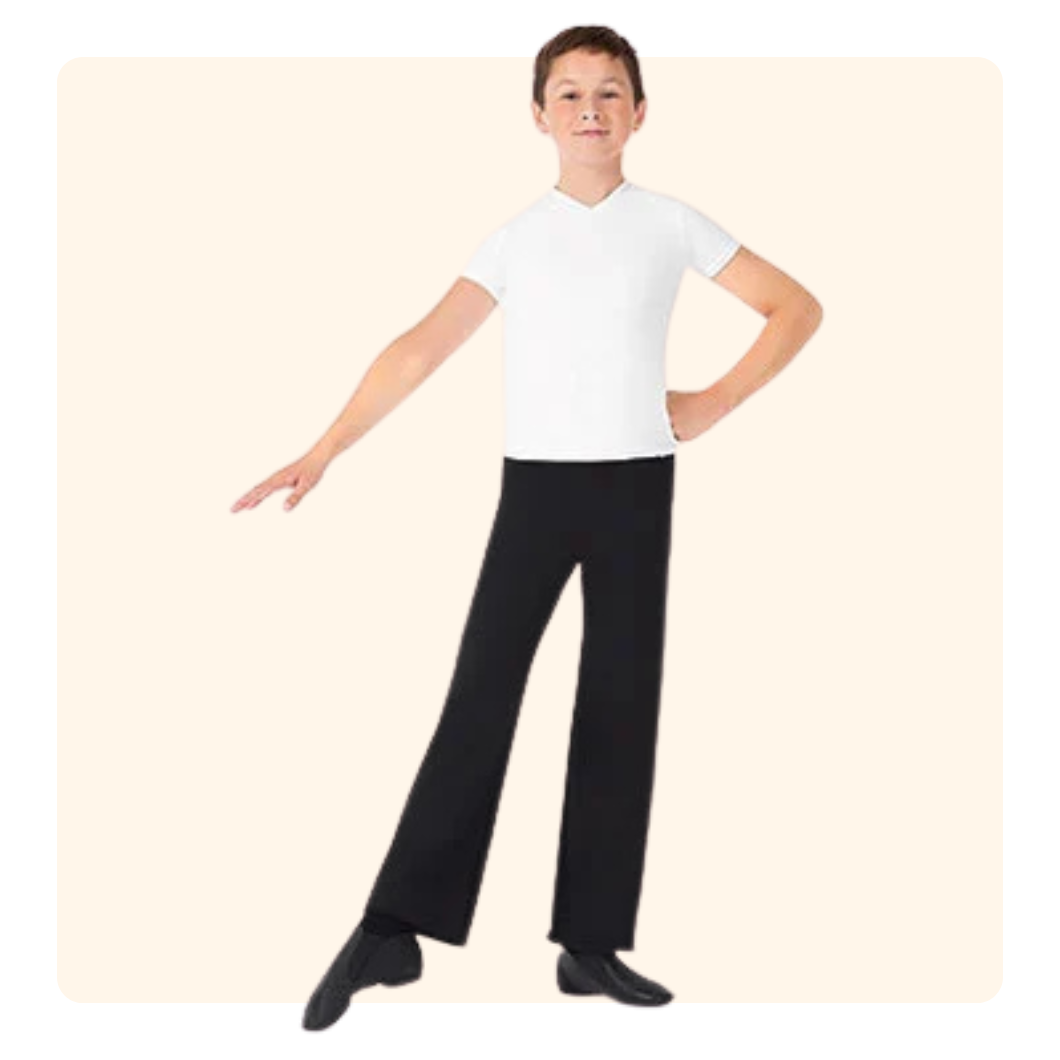 T-shirt, black pants/shorts, black jazz shoes