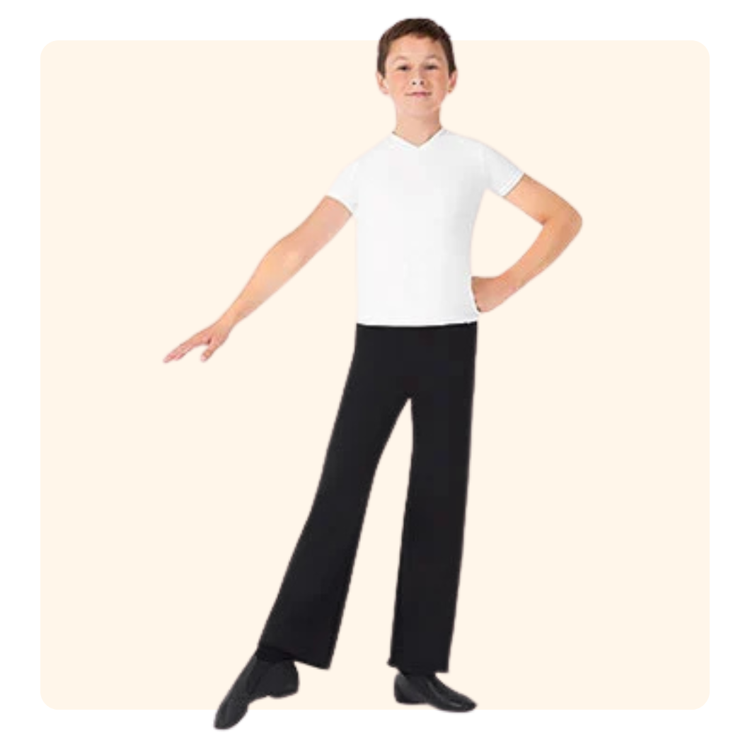 T-shirt, black pants/shorts, black ballet shoes, black tap shoes