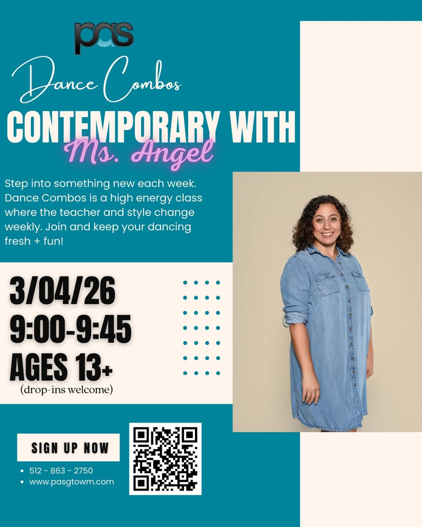 Next Wednesday&rsquo;s Dance Combo is Contemporary with Ms Angel! Drops ins are welcome. Come join the fun!