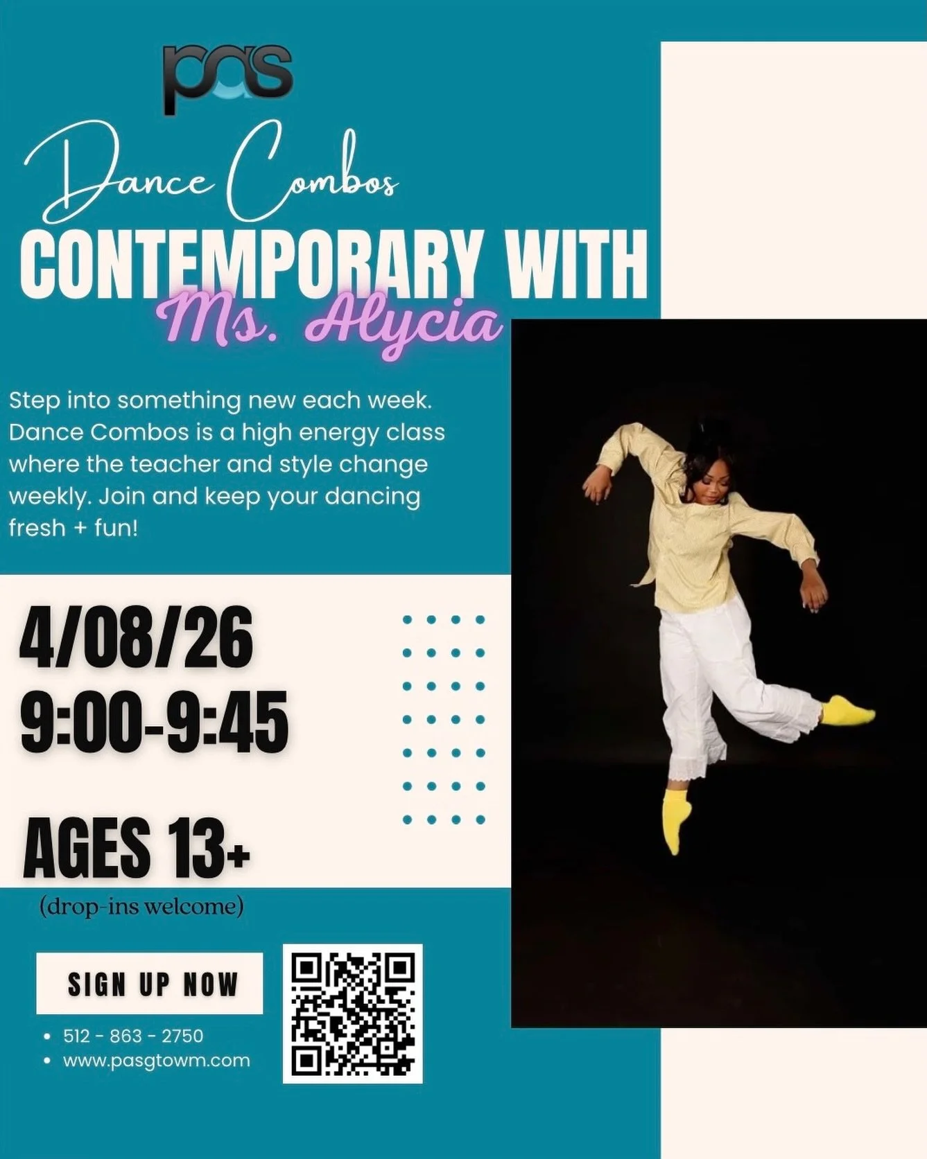 Join us in welcoming Ms. Alycia to the studio for Dance Combos. Drop-ins are always welcome.